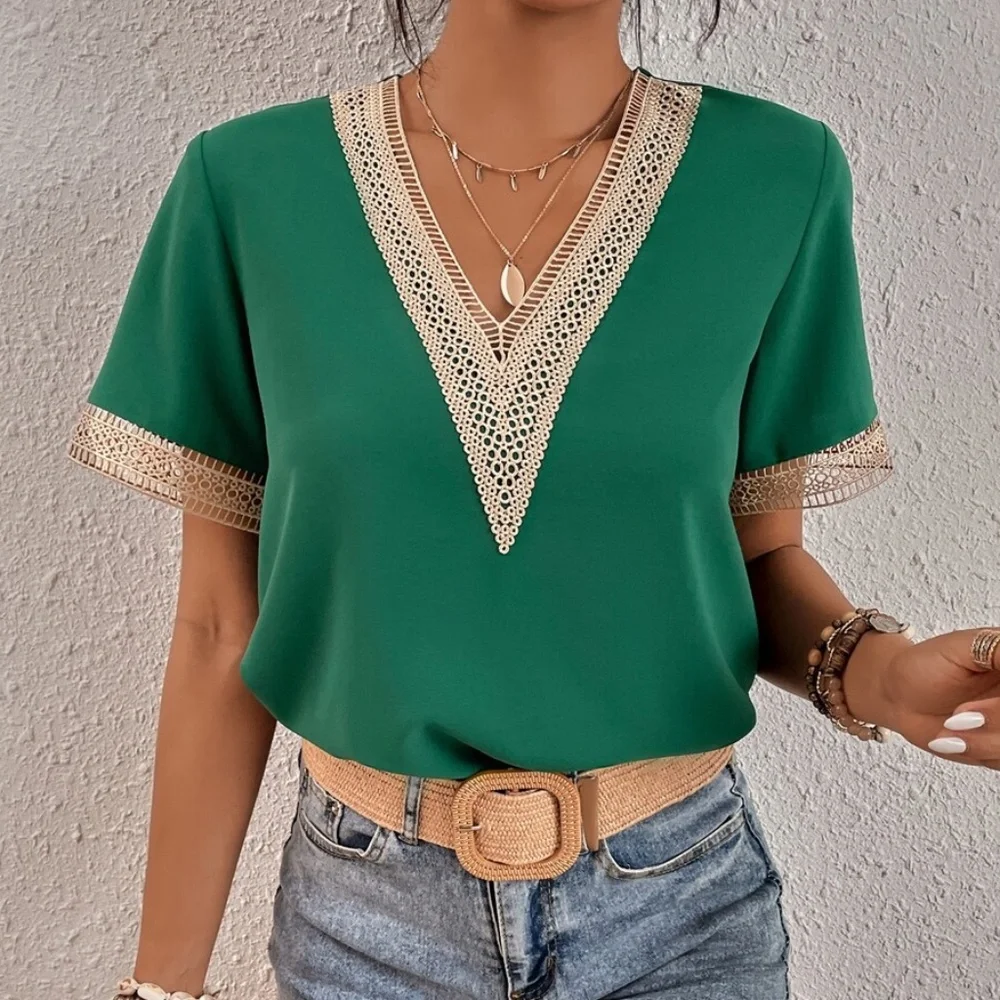 Bohemian Royal Blue V neck Lace Solid Minimalist Blouse - Picture 9 of 13